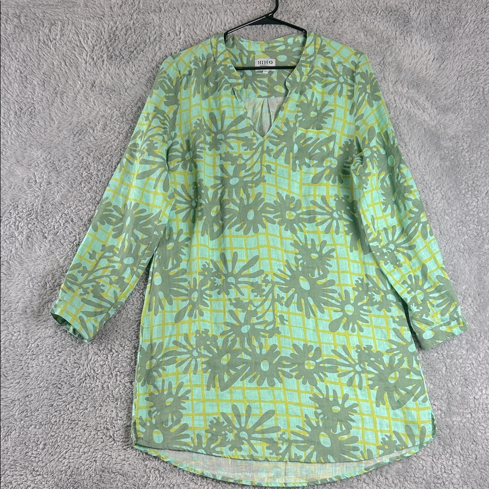 HIHO Bananakeet Dress Green Floral Mandarin Collar Linen Women’s Size M
